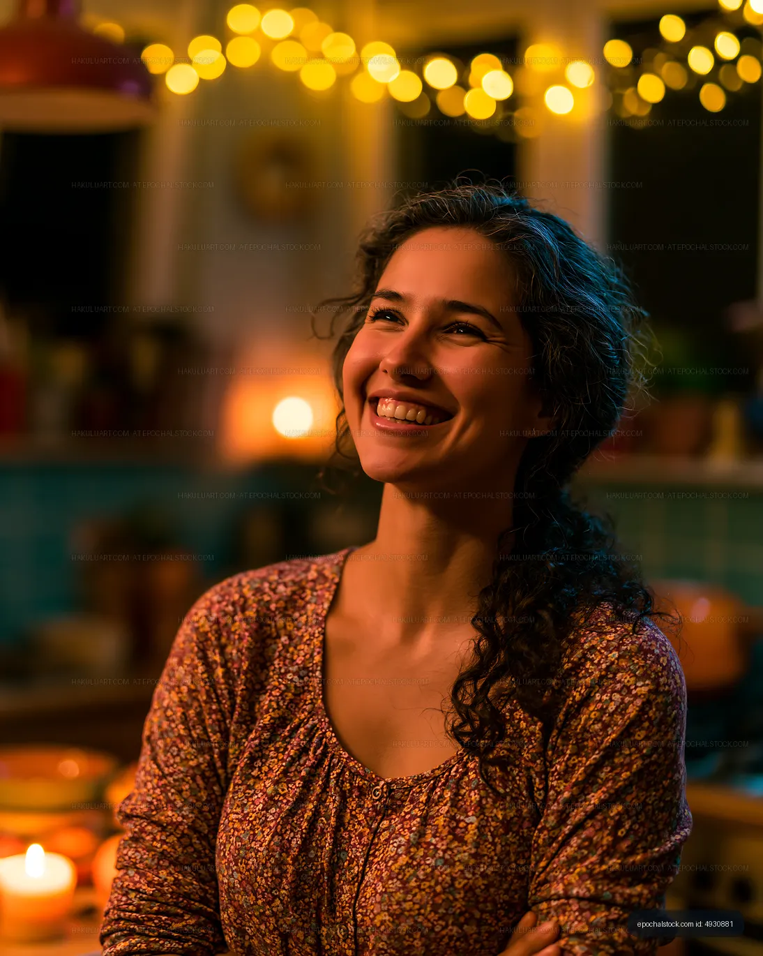 Woman smiling in a cozy kitchen with warm lights at night