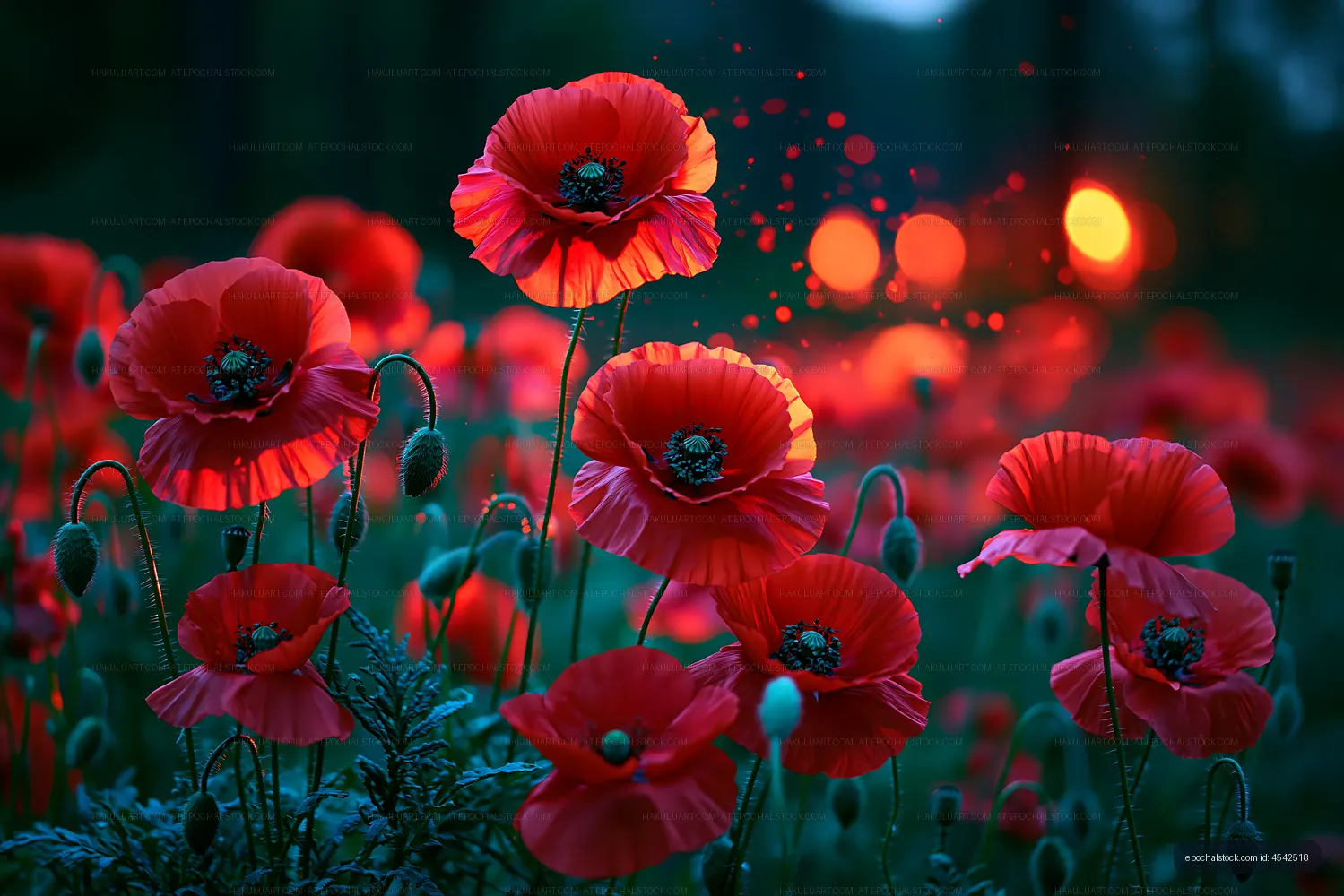 Bright red poppy flowers in a field during sunset