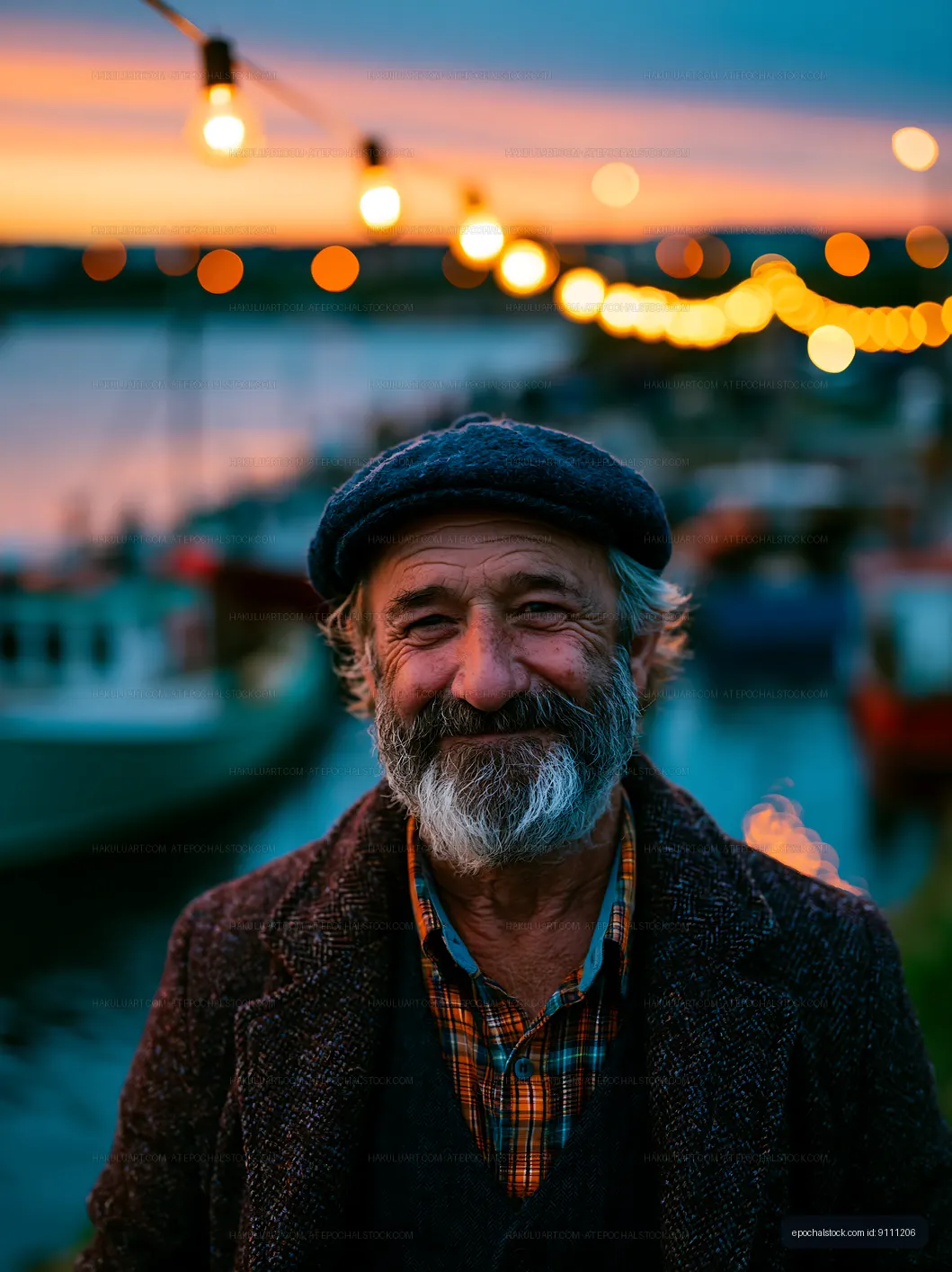 Smiling man by the waterfront at dusk with lights in background