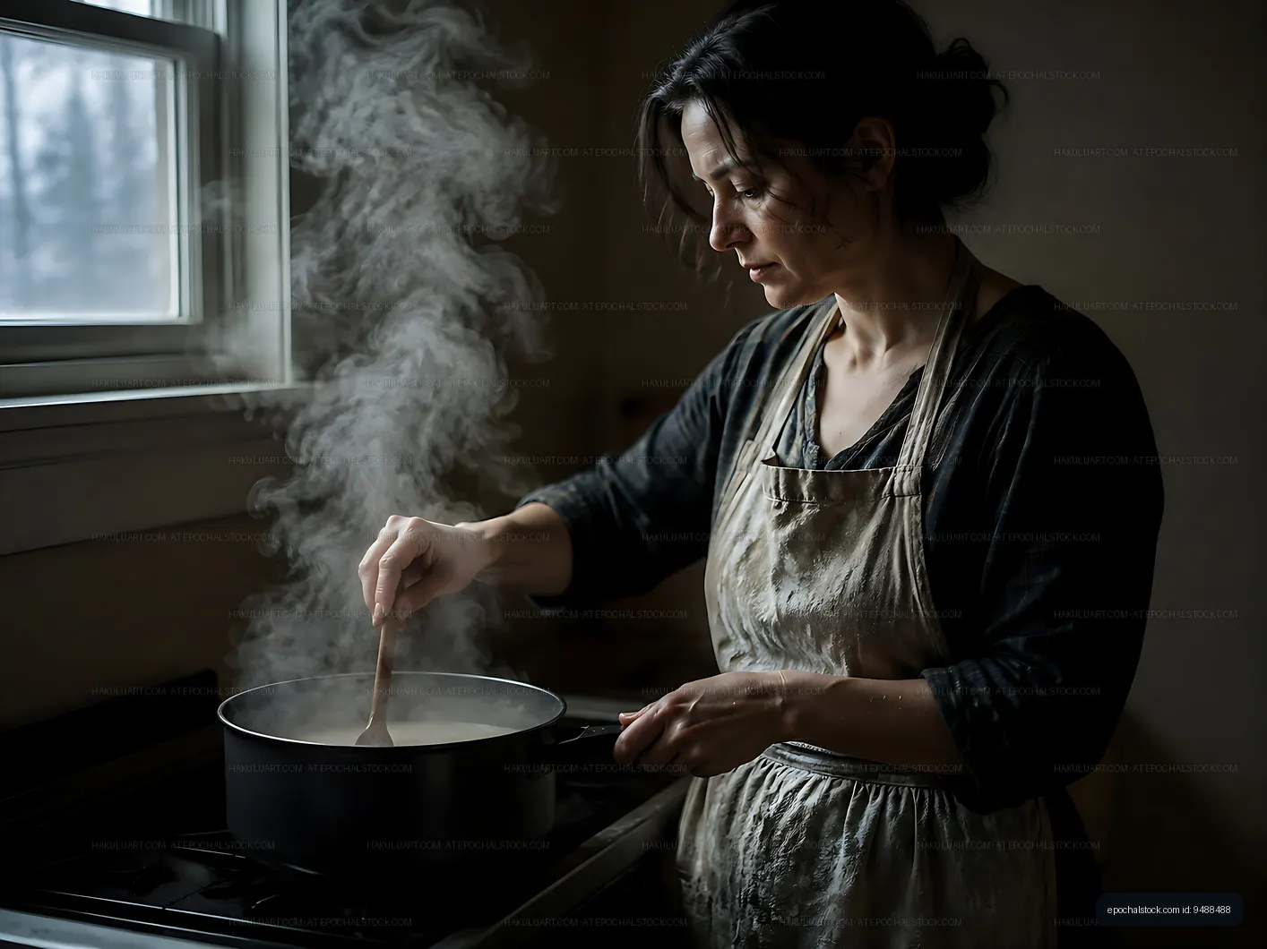 Woman cooking in a kitchen with steam rising from a pot