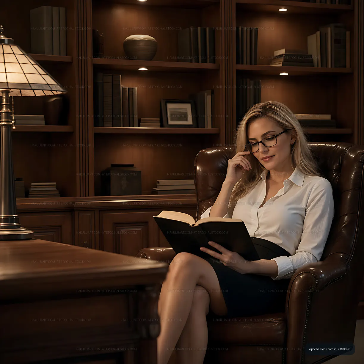 Woman reading book in library with warm lighting