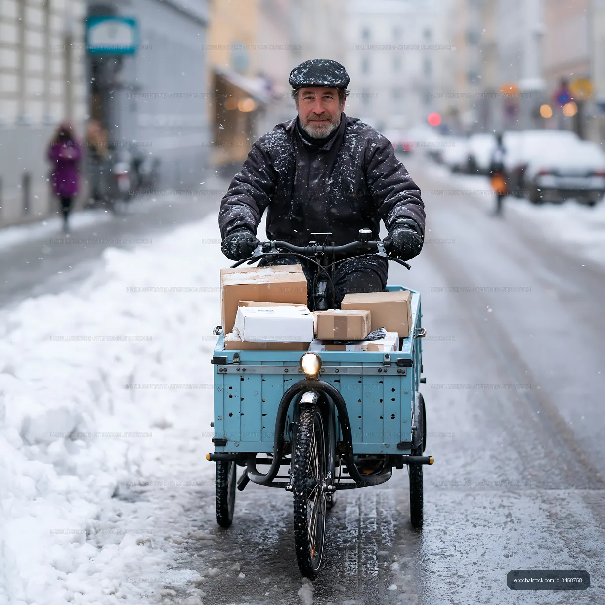 Delivery person riding a cargo bike in winter snow