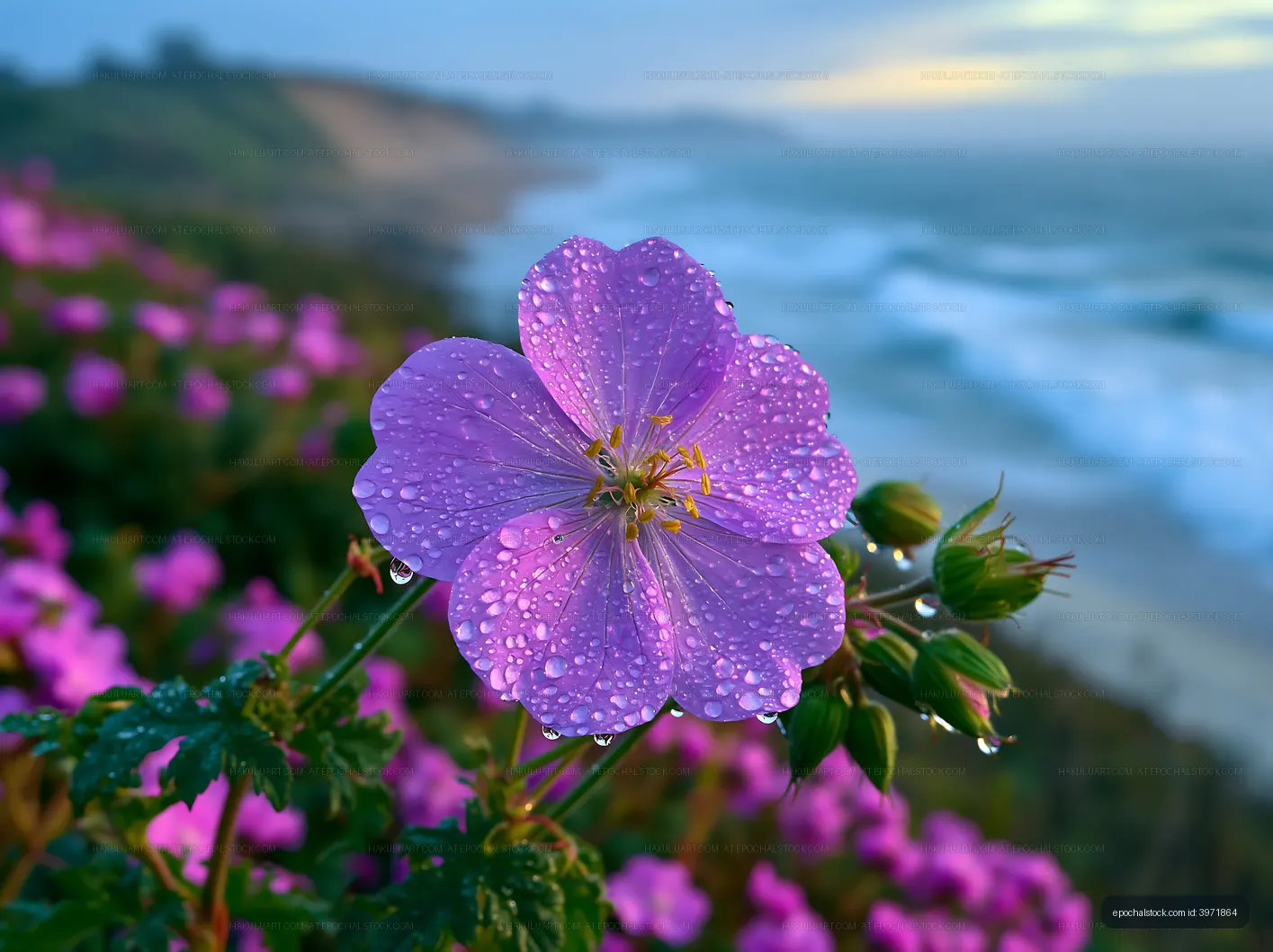 Purple flower with water droplets by the ocean shore