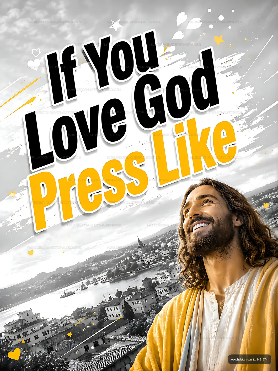 Jesus figure with cityscape and message about loving God