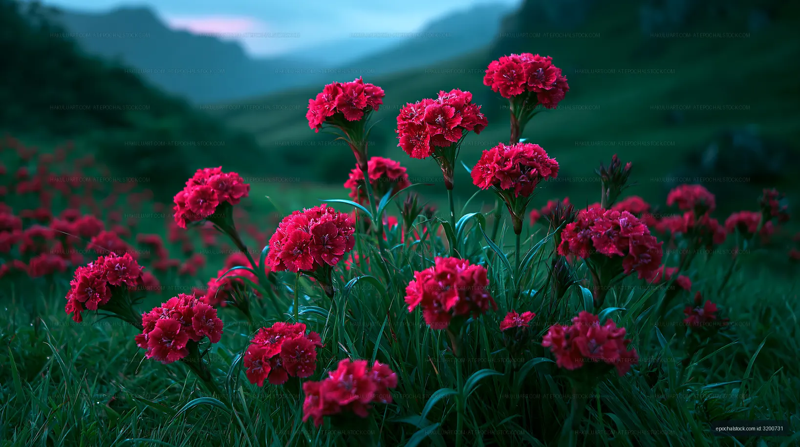 Red flowers bloom in a green field during dusk