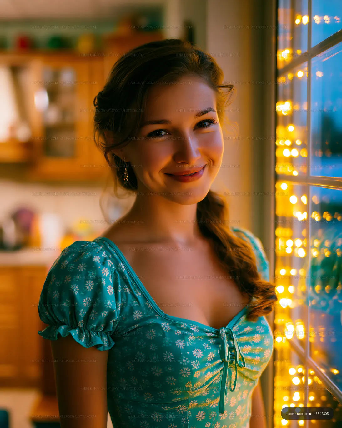 Woman smiling by window with fairy lights in a cozy kitchen