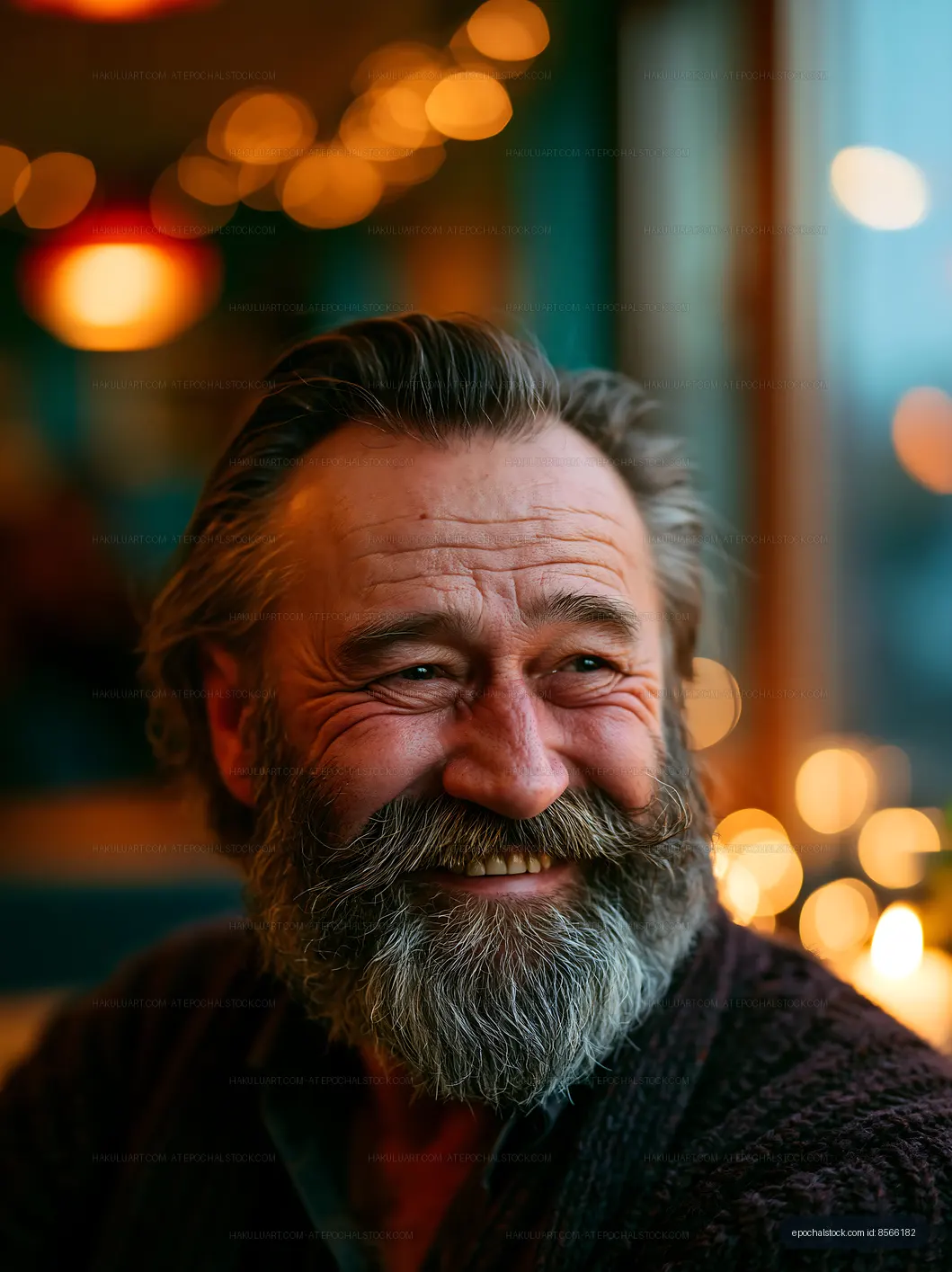 Smiling man with beard sitting indoors near window