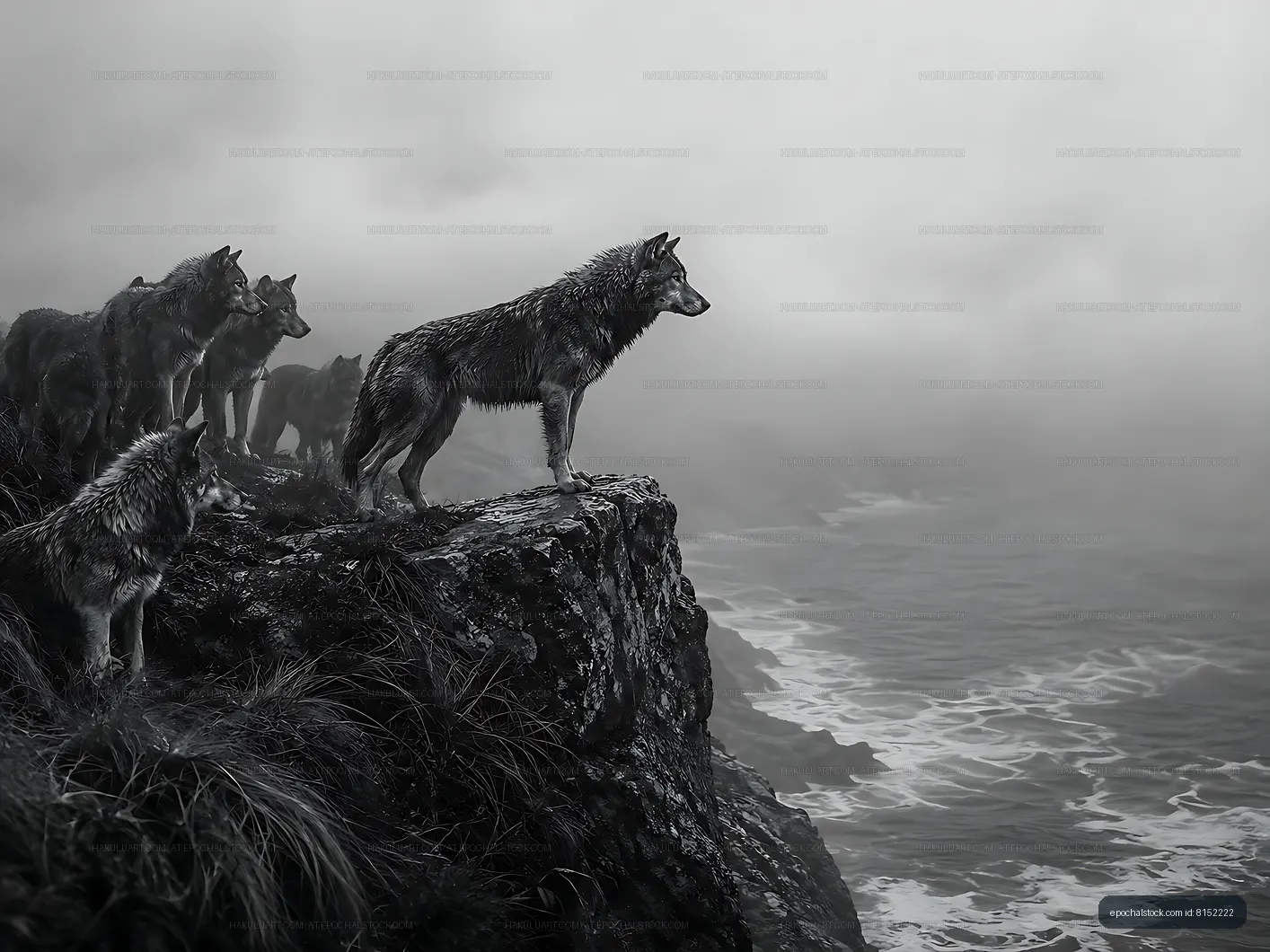 Wolves standing on rocky shore watching the ocean waves