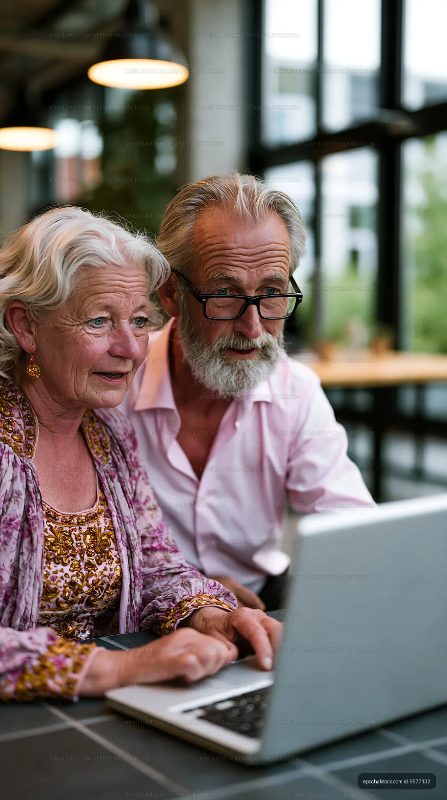 Older couple looking at a laptop in a cafe setting
