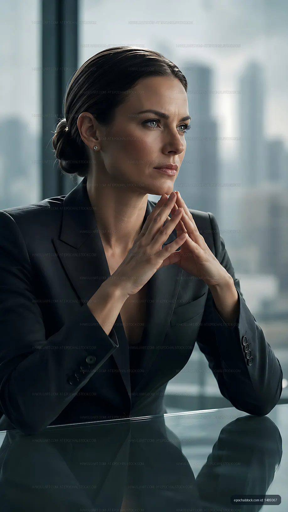 Businesswoman in a suit thinking during a meeting
