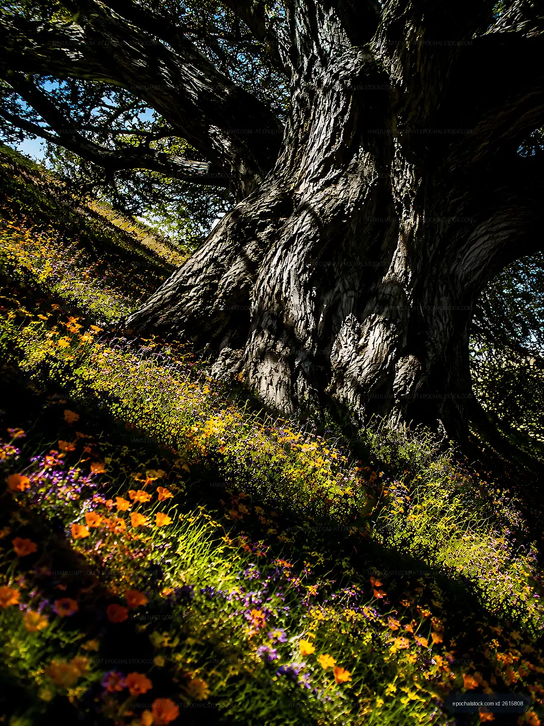 Tall tree with colorful flowers at its base in natural light
