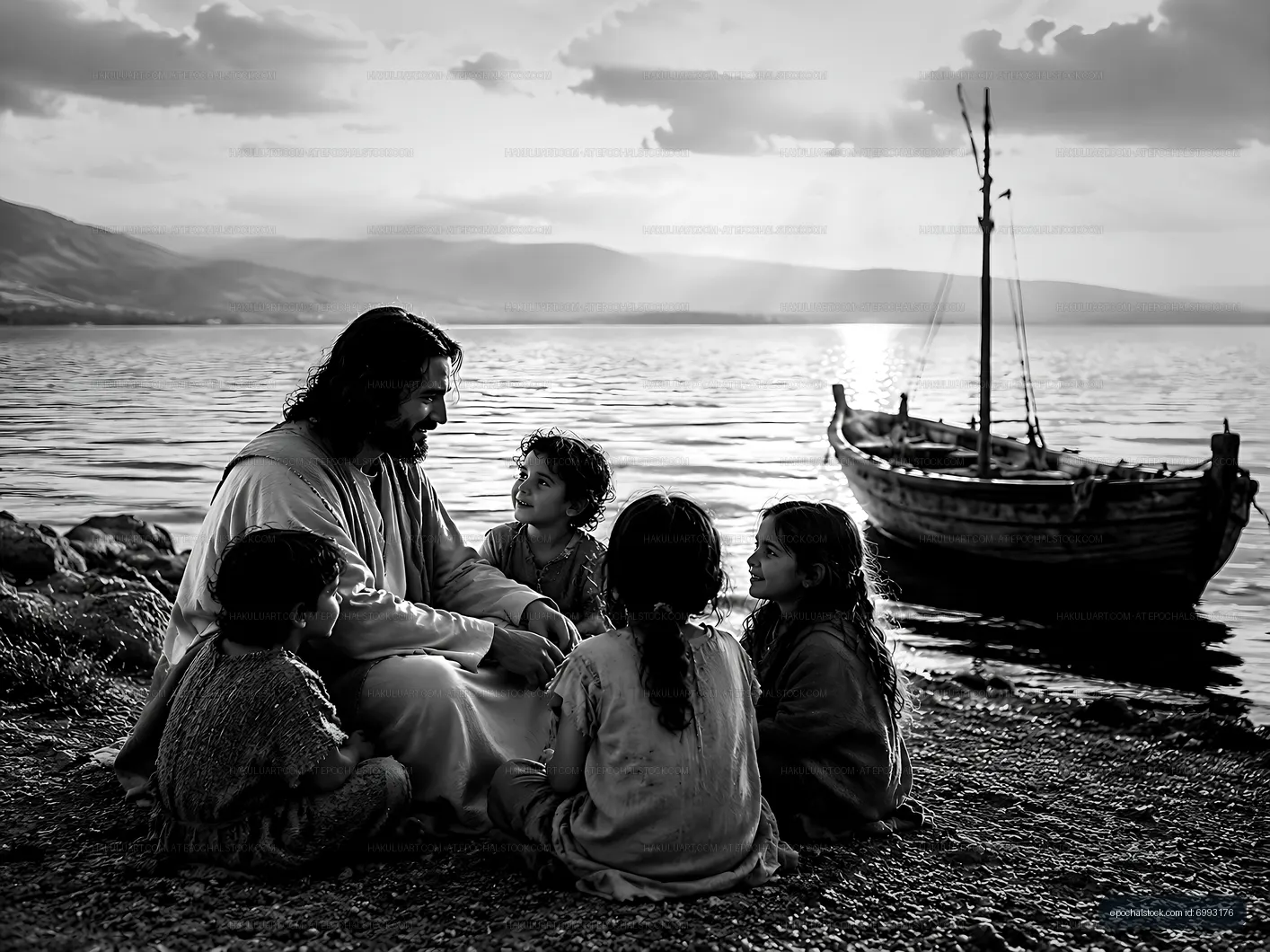 Man sits with children by the water at sunset near a boat
