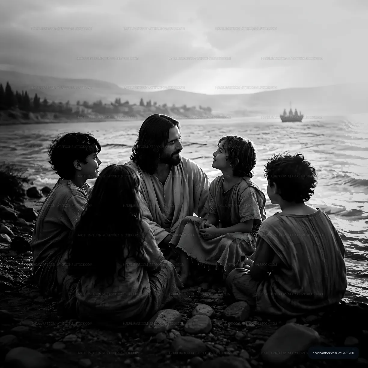 Group of children talking by the sea with a man at sunset