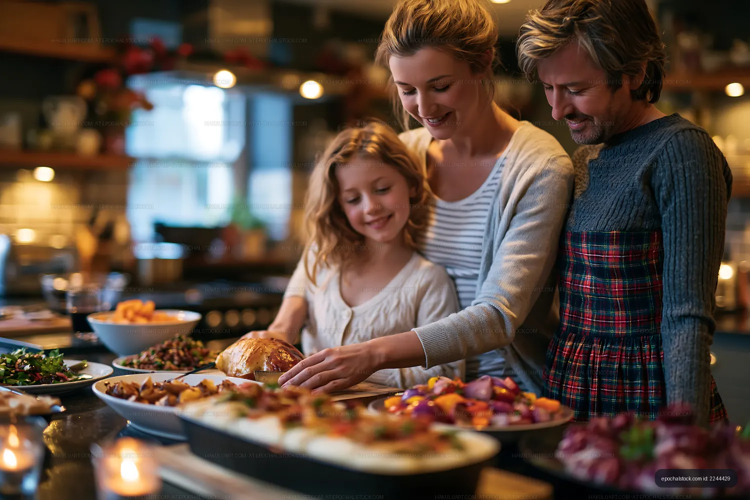 Family sharing food in a cozy kitchen during evening meal