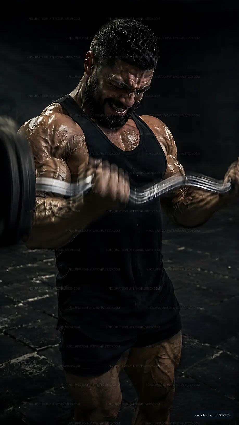 Man lifting weights in a dark gym setting