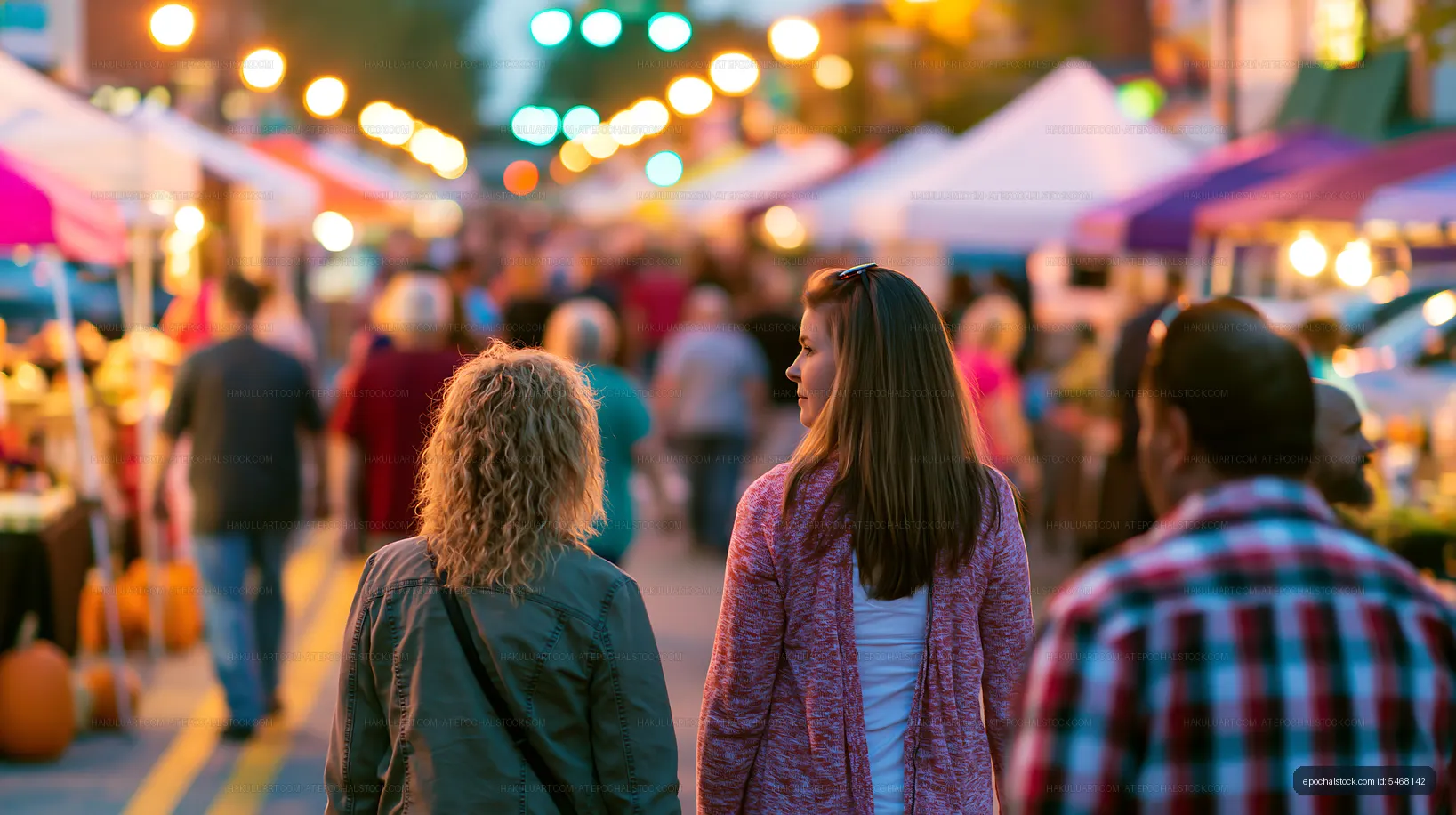 Evening stroll at a bustling street market with colorful stalls