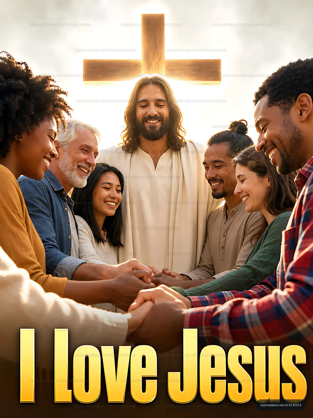 Group of people holding hands in front of cross with man in robes
