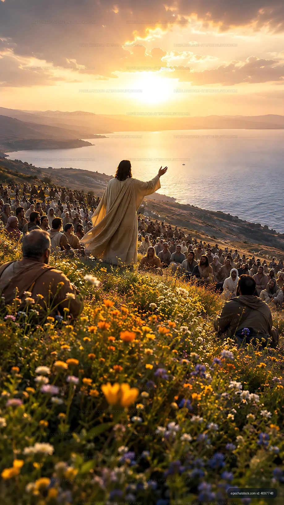 Sunset gathering on a hillside with a speaker and audience