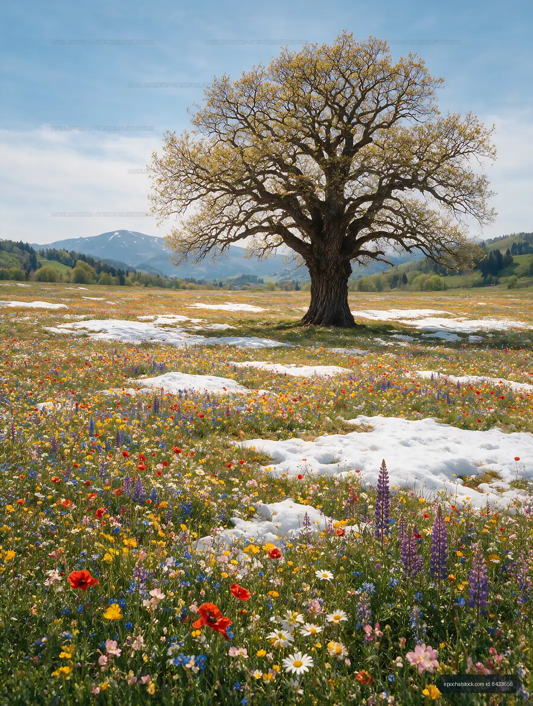 Colorful wildflower field with a large tree under blue sky