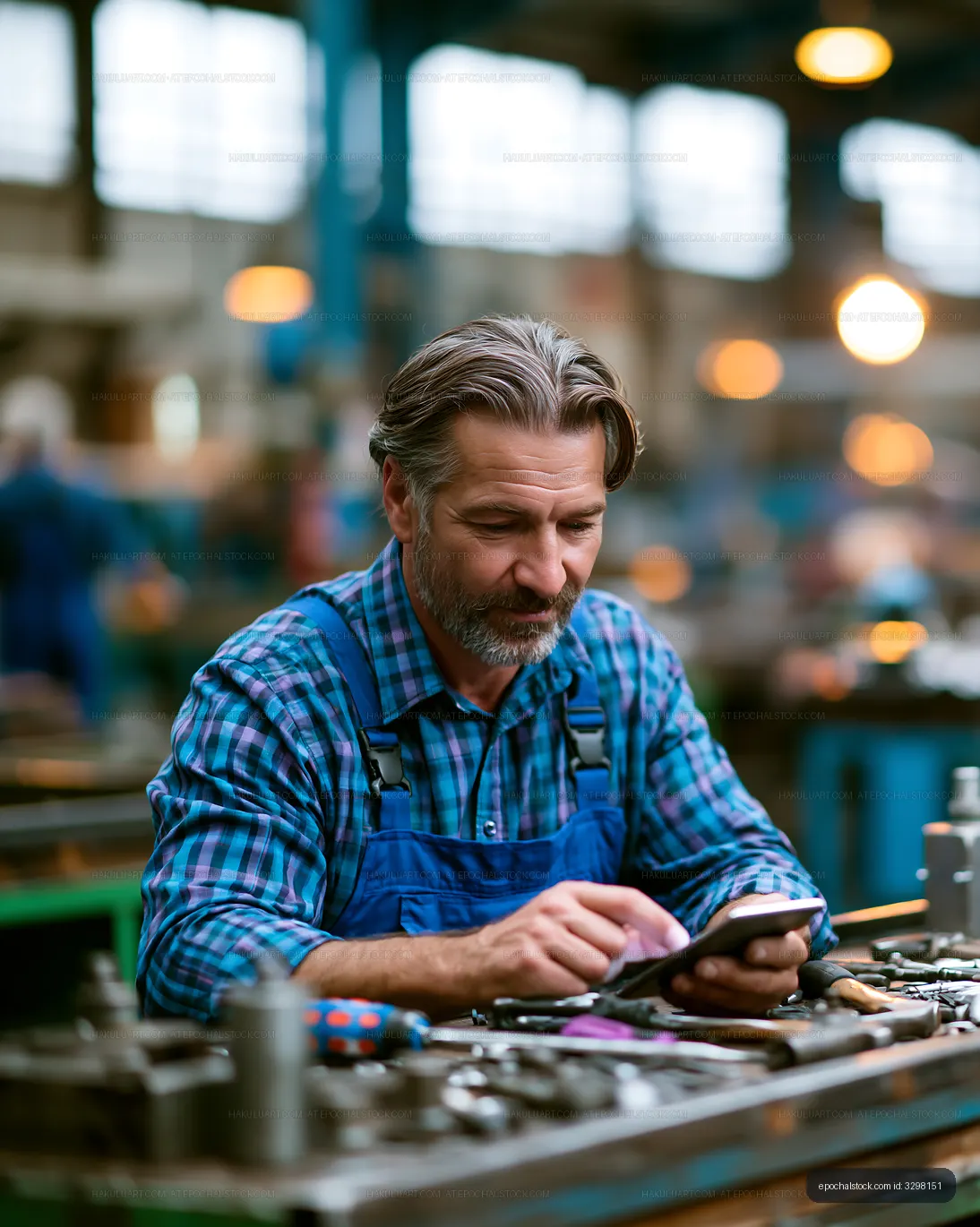 Worker using smartphone in industrial workshop