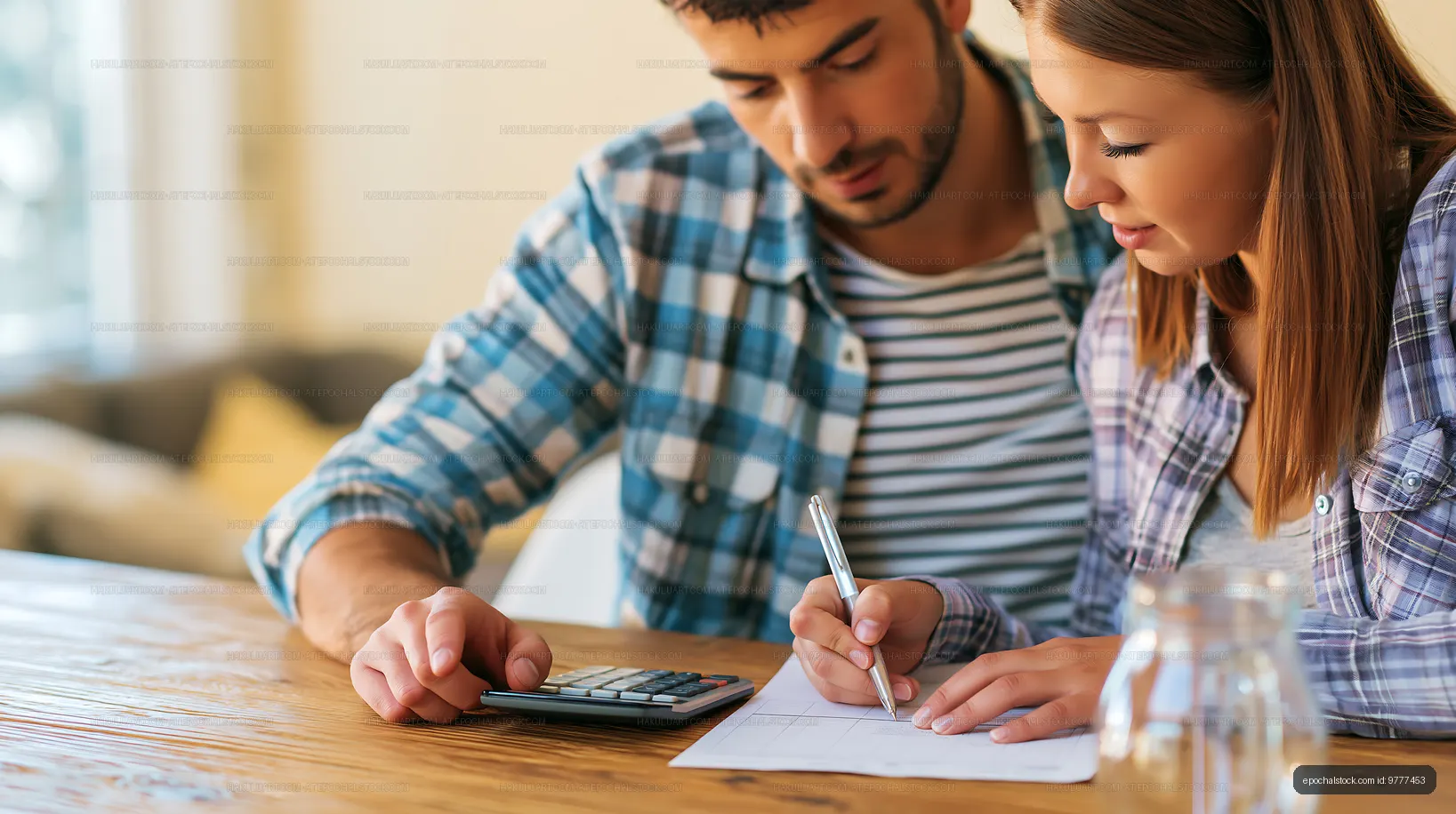 Couple working together at home on budget planning