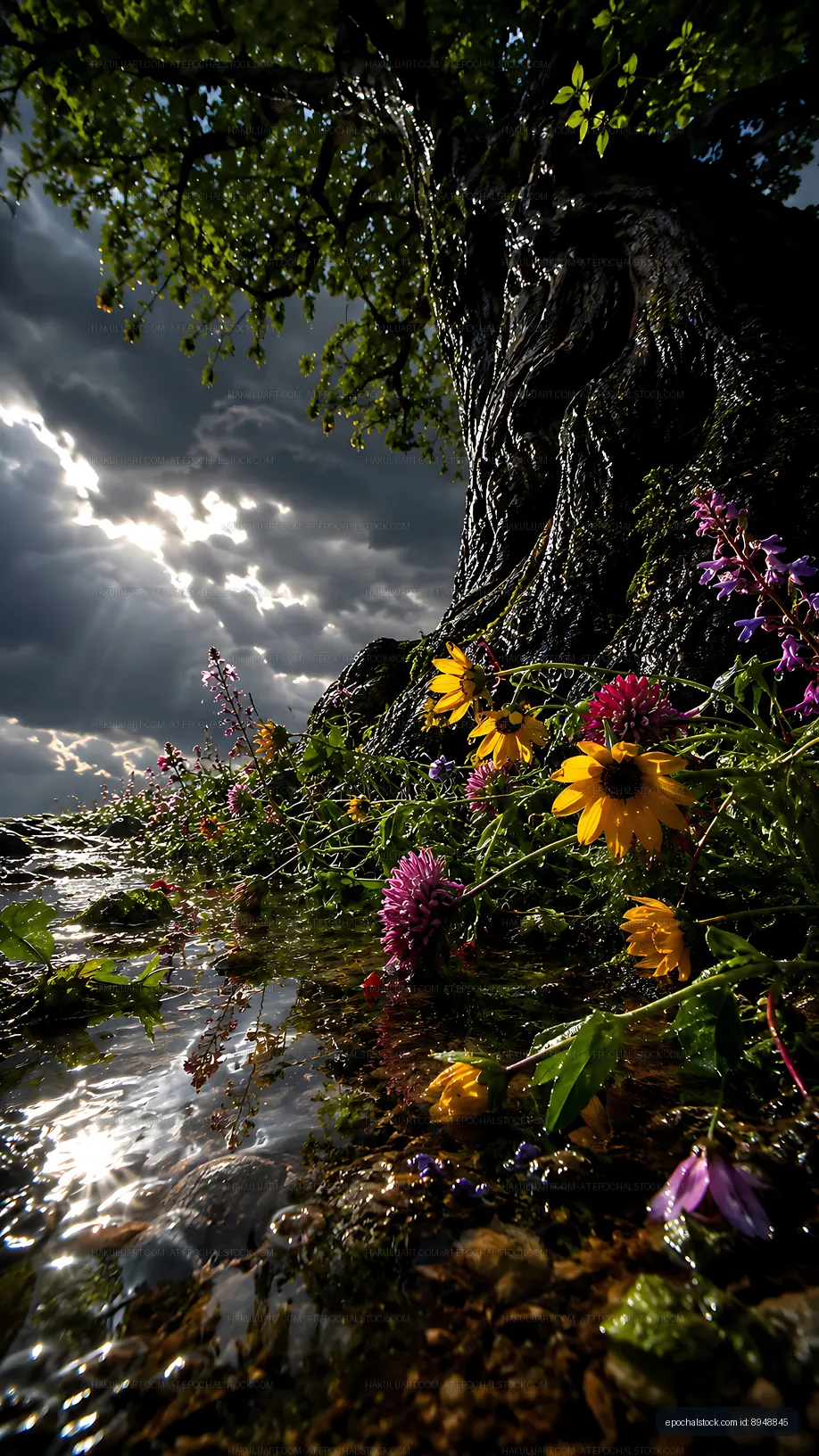 Flowers growing near a tree with water under a cloudy sky