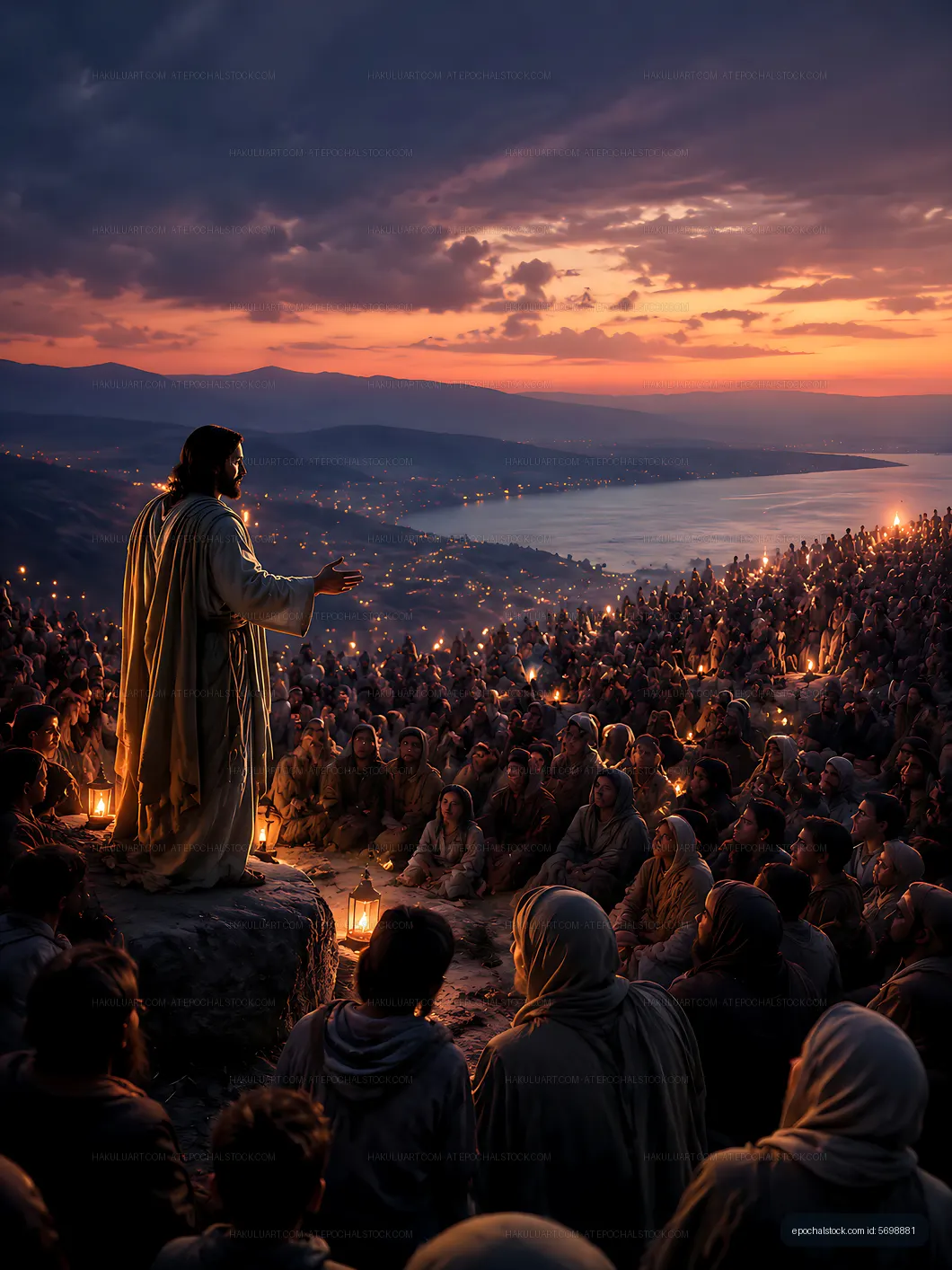 Crowd listening to a speaker on a hill at sunset