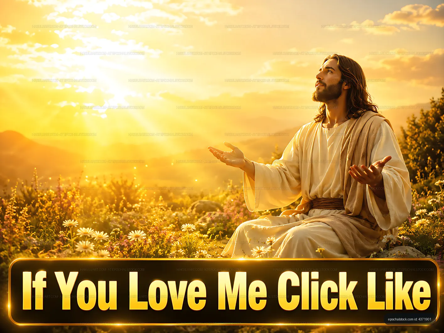 Sunset scene with a man in white robes raising hands outdoors