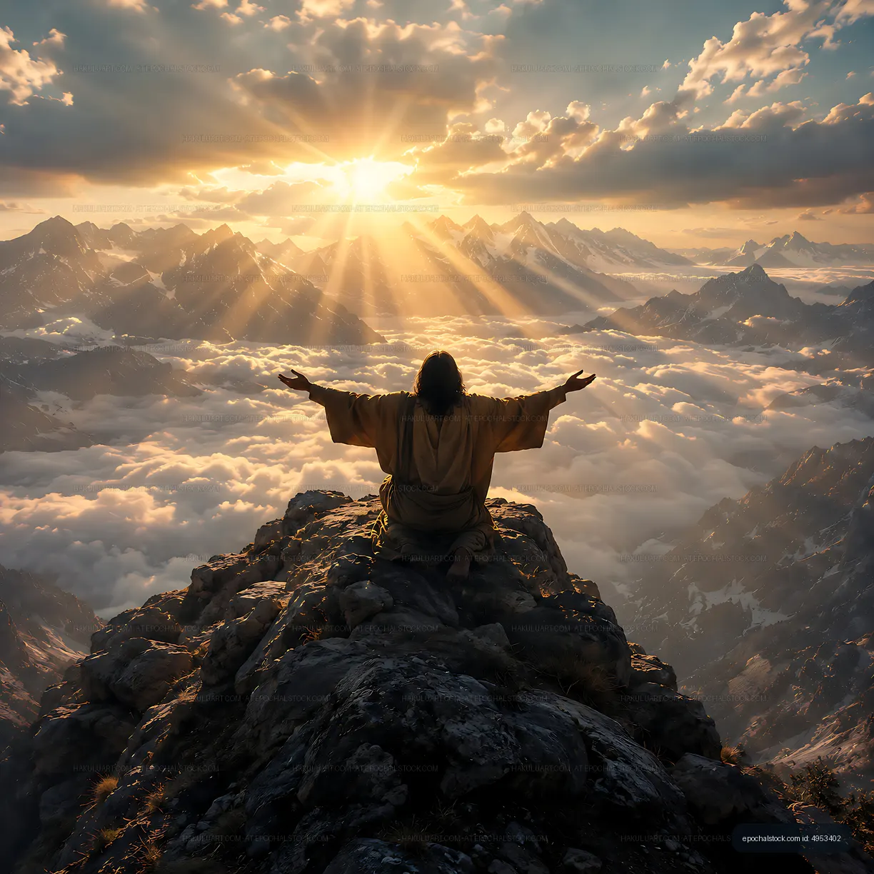 Figure on mountain peak with arms extended at sunrise over clouds