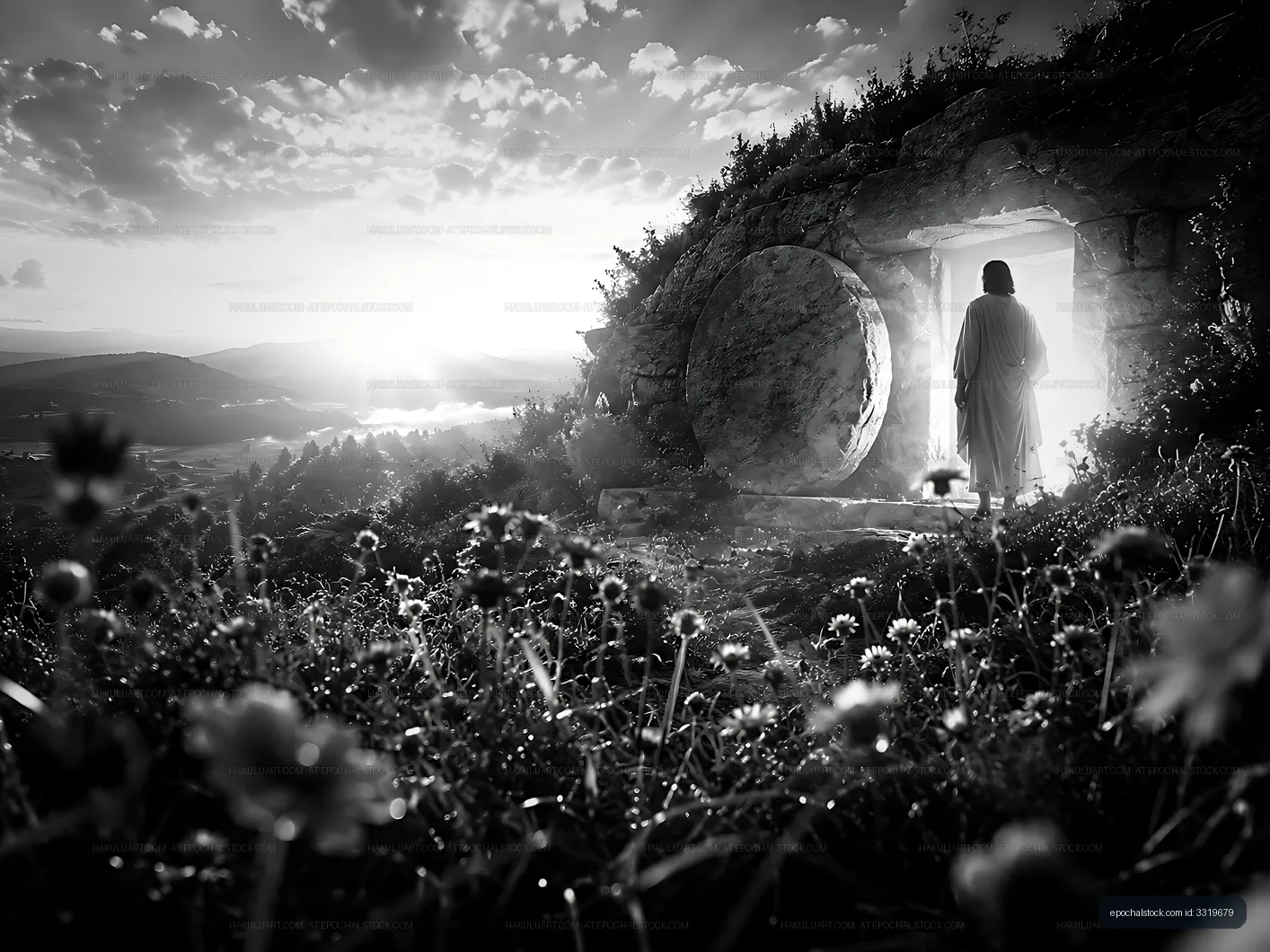 Person standing at an open stone entrance with flowers in foreground