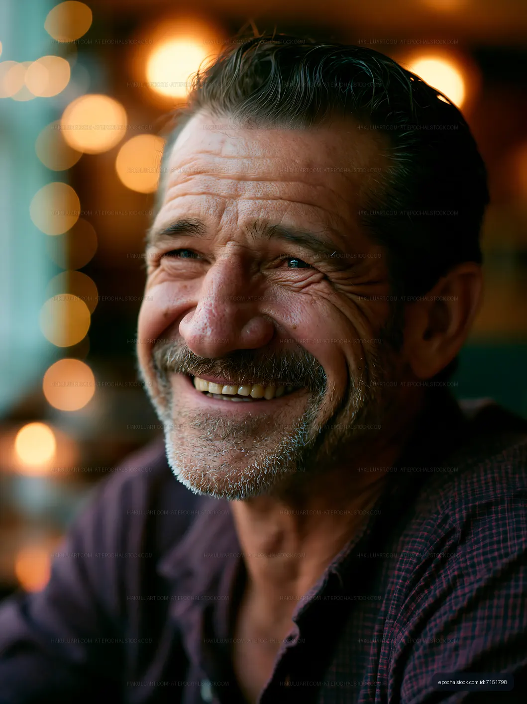 Smiling man in a cozy indoor setting with warm lights