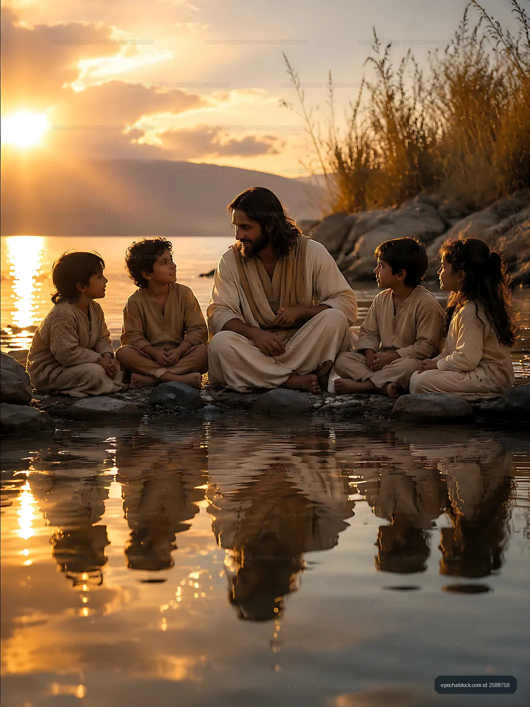 Sunset gathering by the water with children and a leader