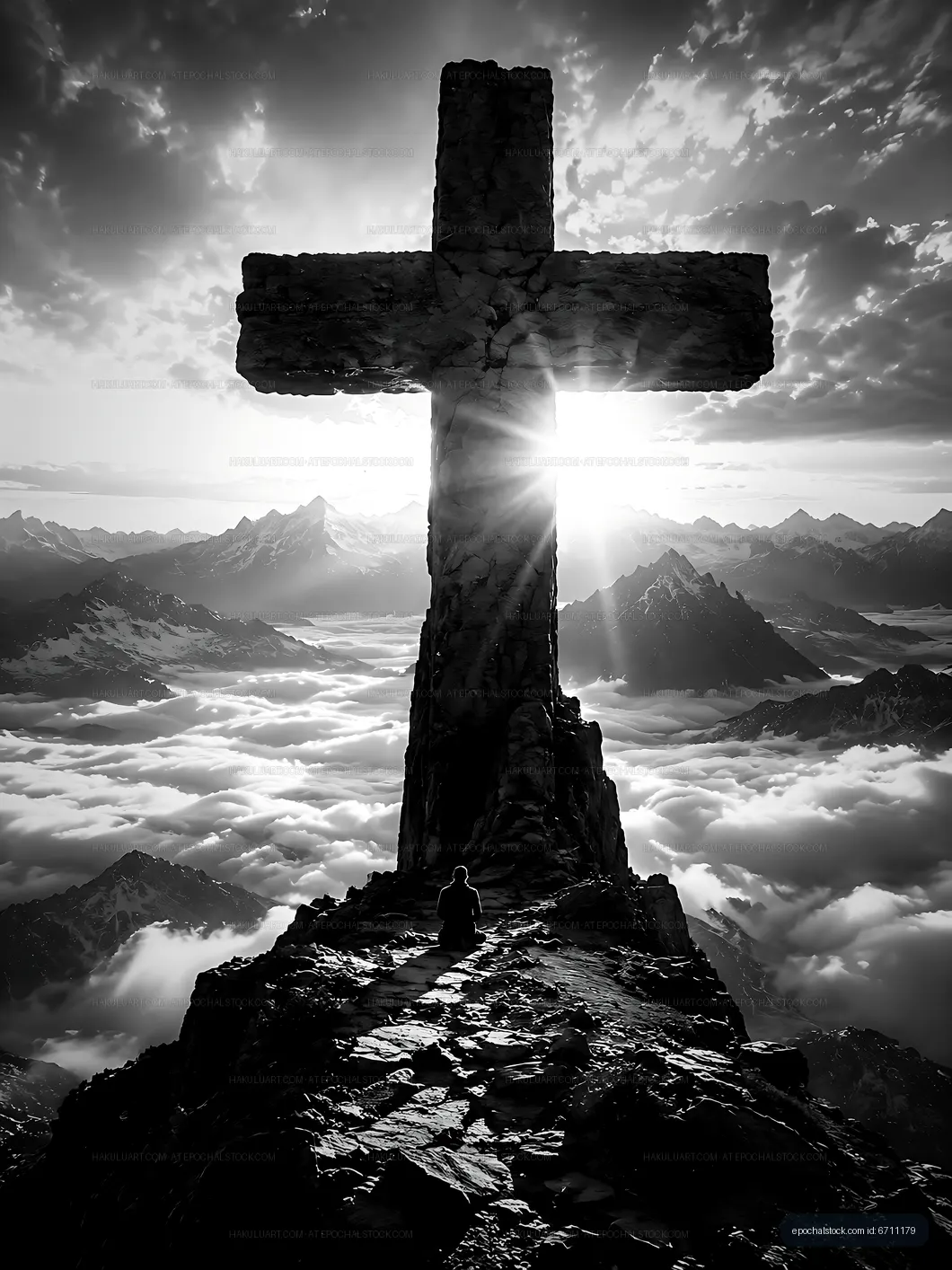 Mountain cross with a person sitting in front at sunrise