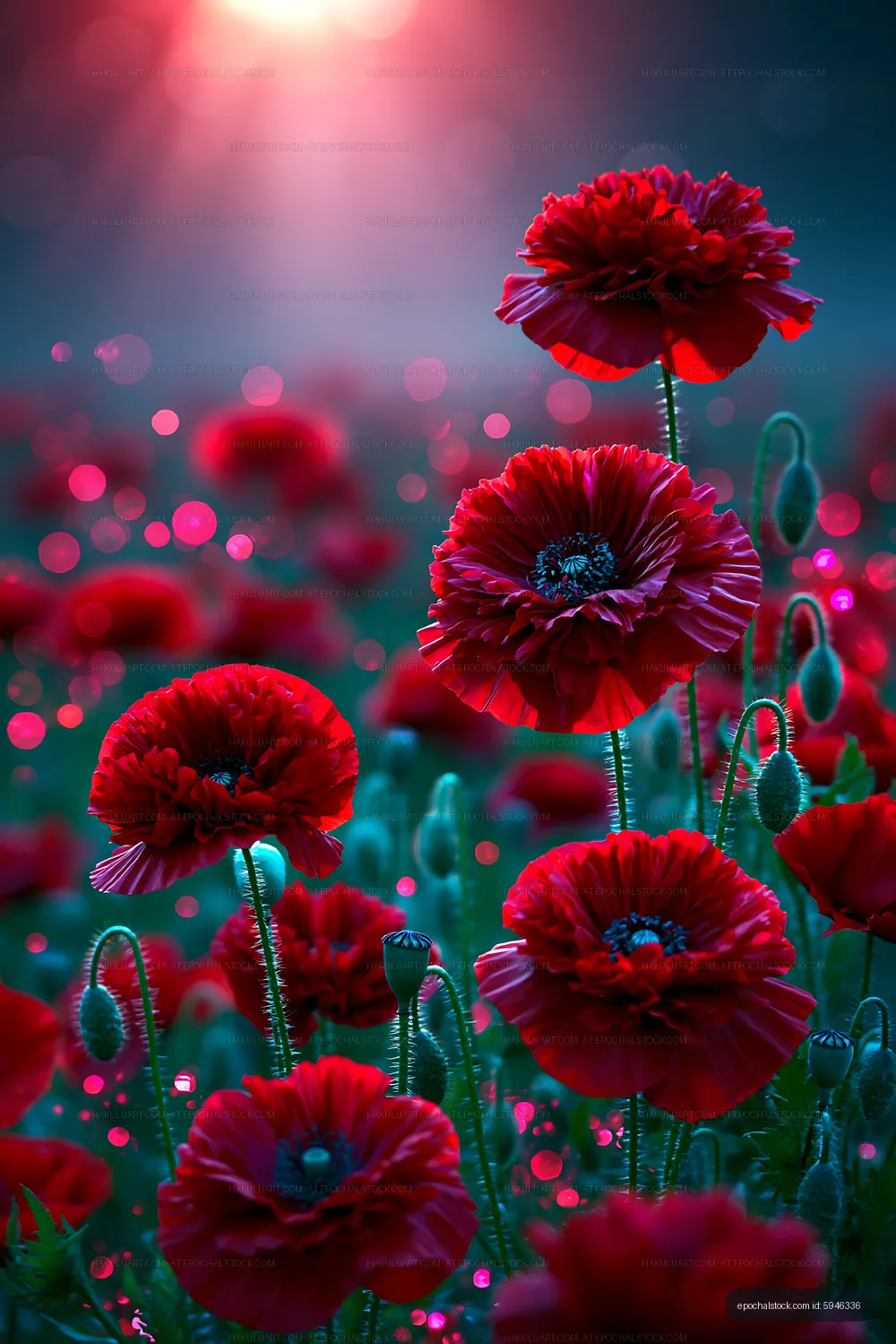 Close-up of red poppy flowers in a field at sunset
