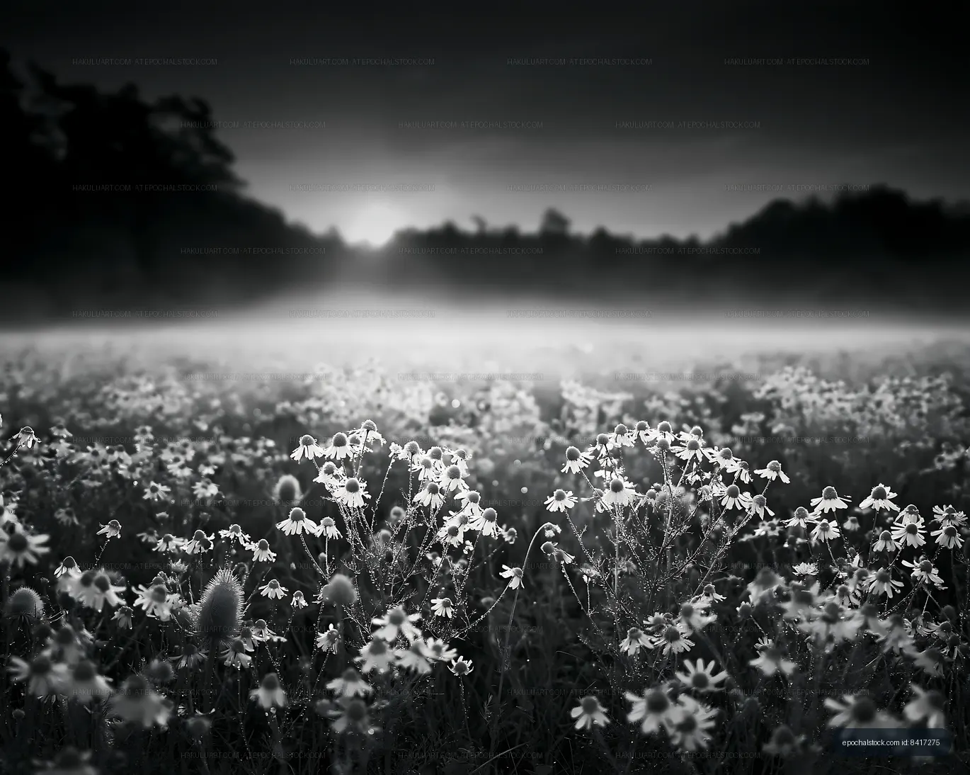 Flowers in a field at sunset with fog in the background