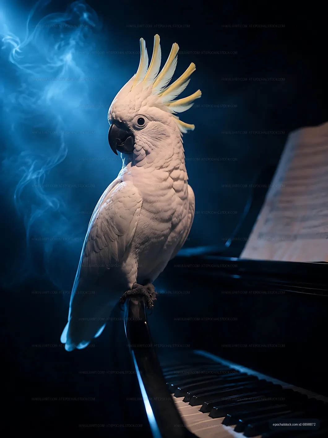 Cockatoo perched on piano with sheet music in low light