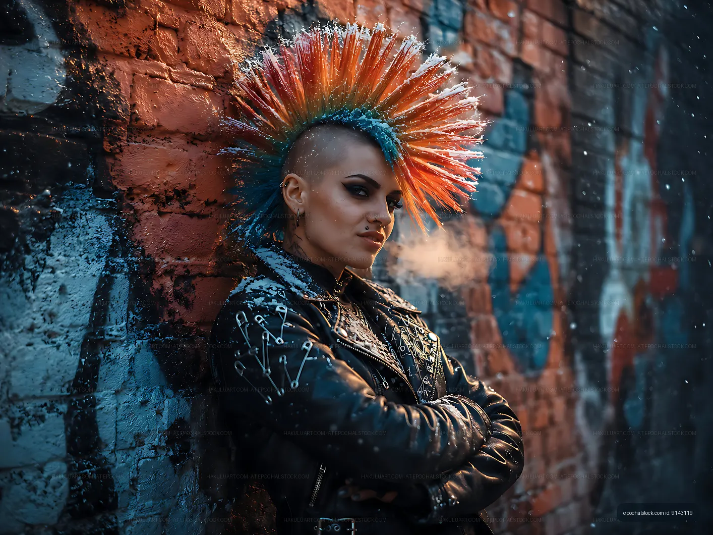 Punk style person with colorful mohawk hairstyle in urban setting