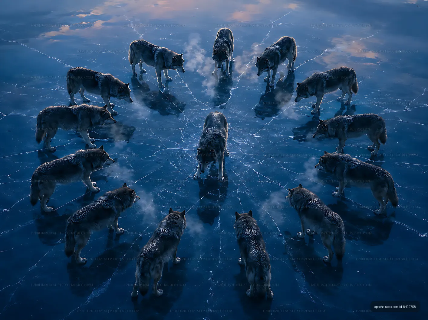 Wolves gathering on icy surface at twilight