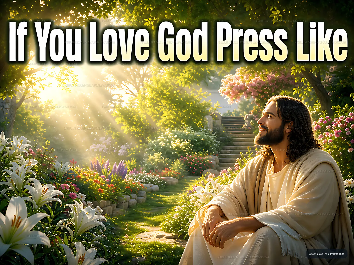 Jesus in a garden with flowers and sunlight