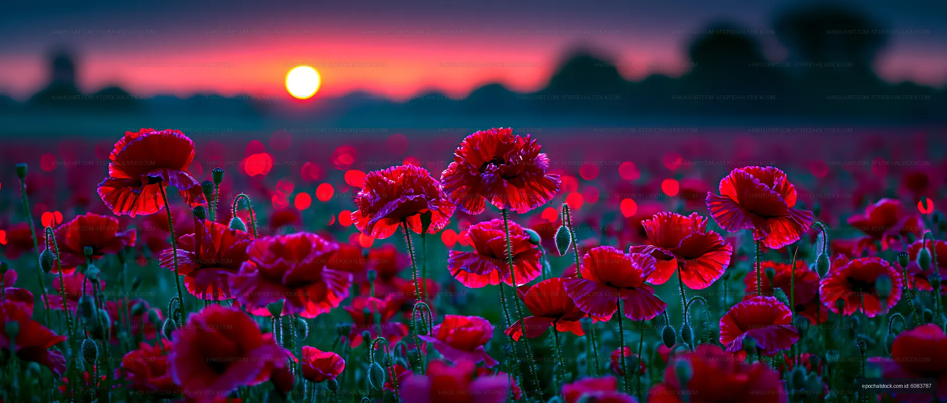 Vibrant poppy field at sunset with glowing red flowers