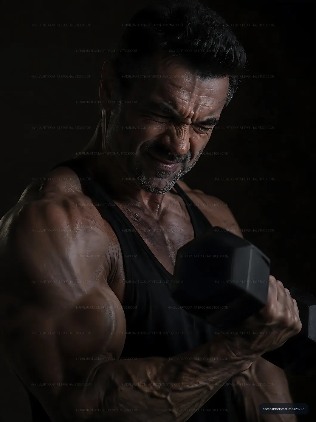 Muscular man lifting dumbbell in dark gym setting