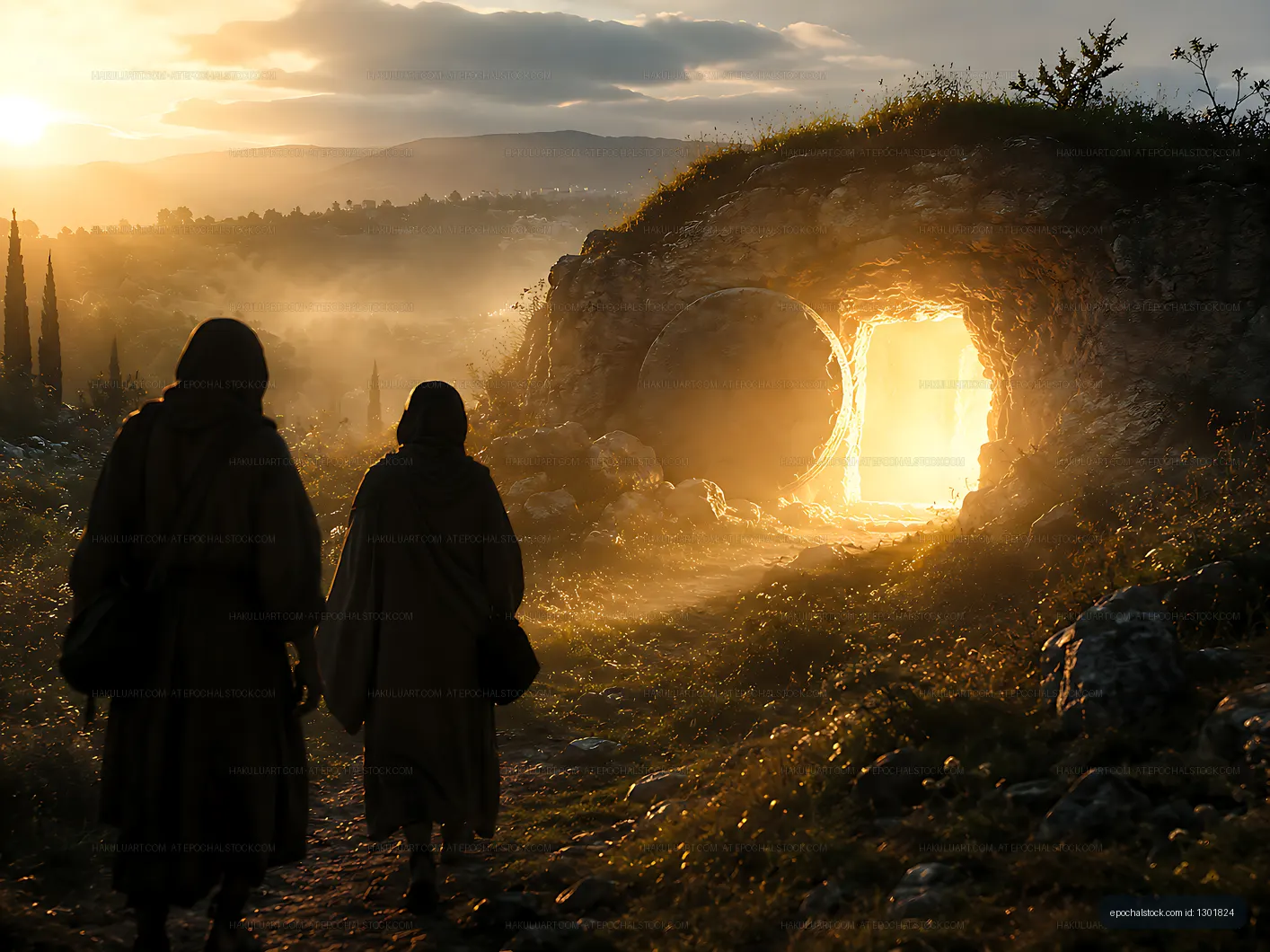 Two figures walk towards an illuminated cave entrance at sunset