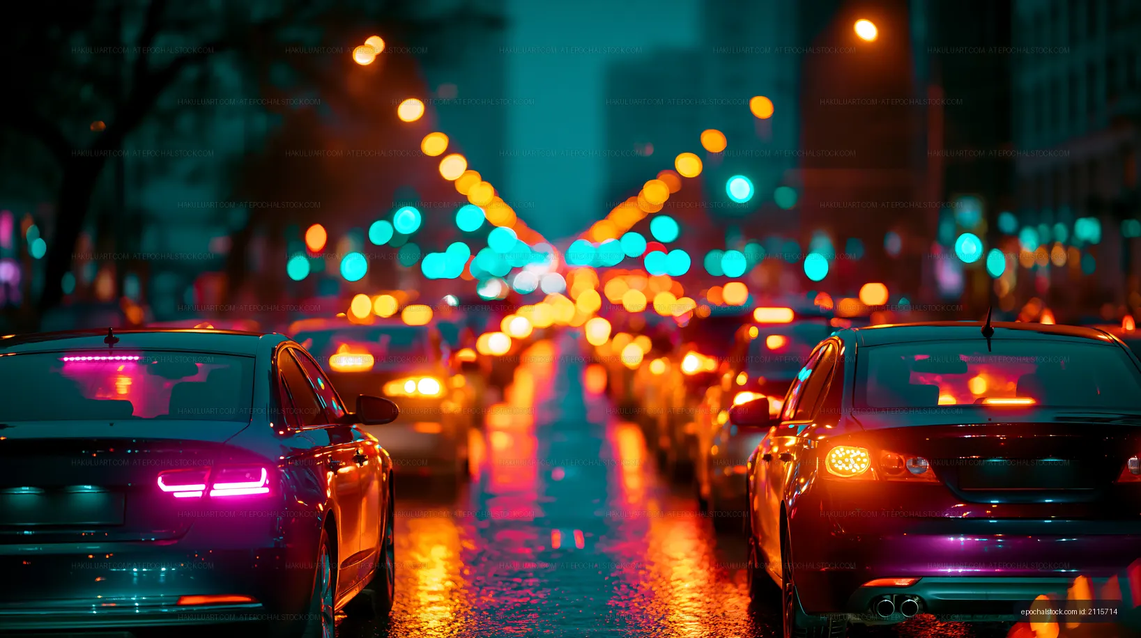City street with colorful car lights at night