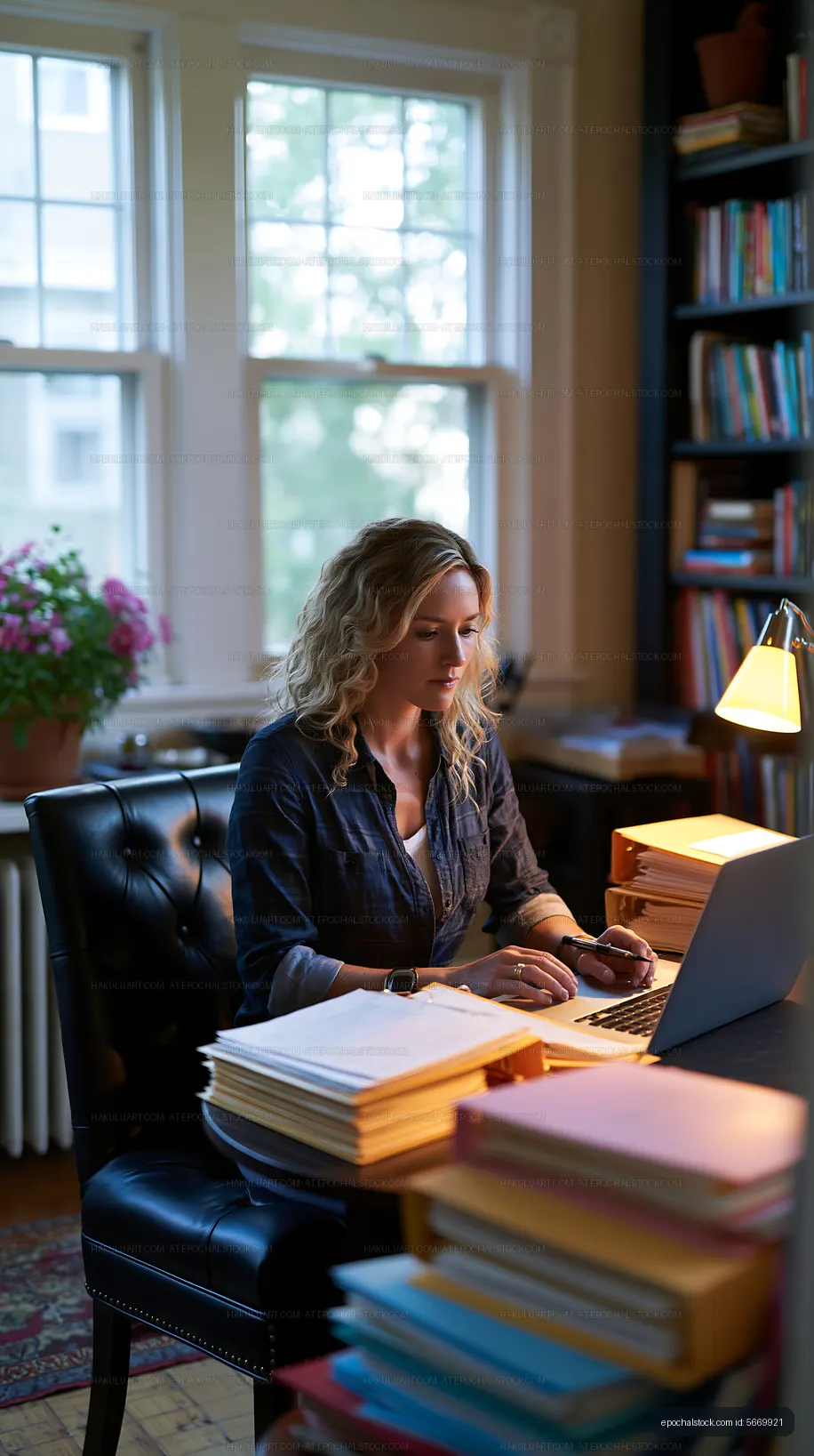 Woman working at desk with laptop in cozy home office
