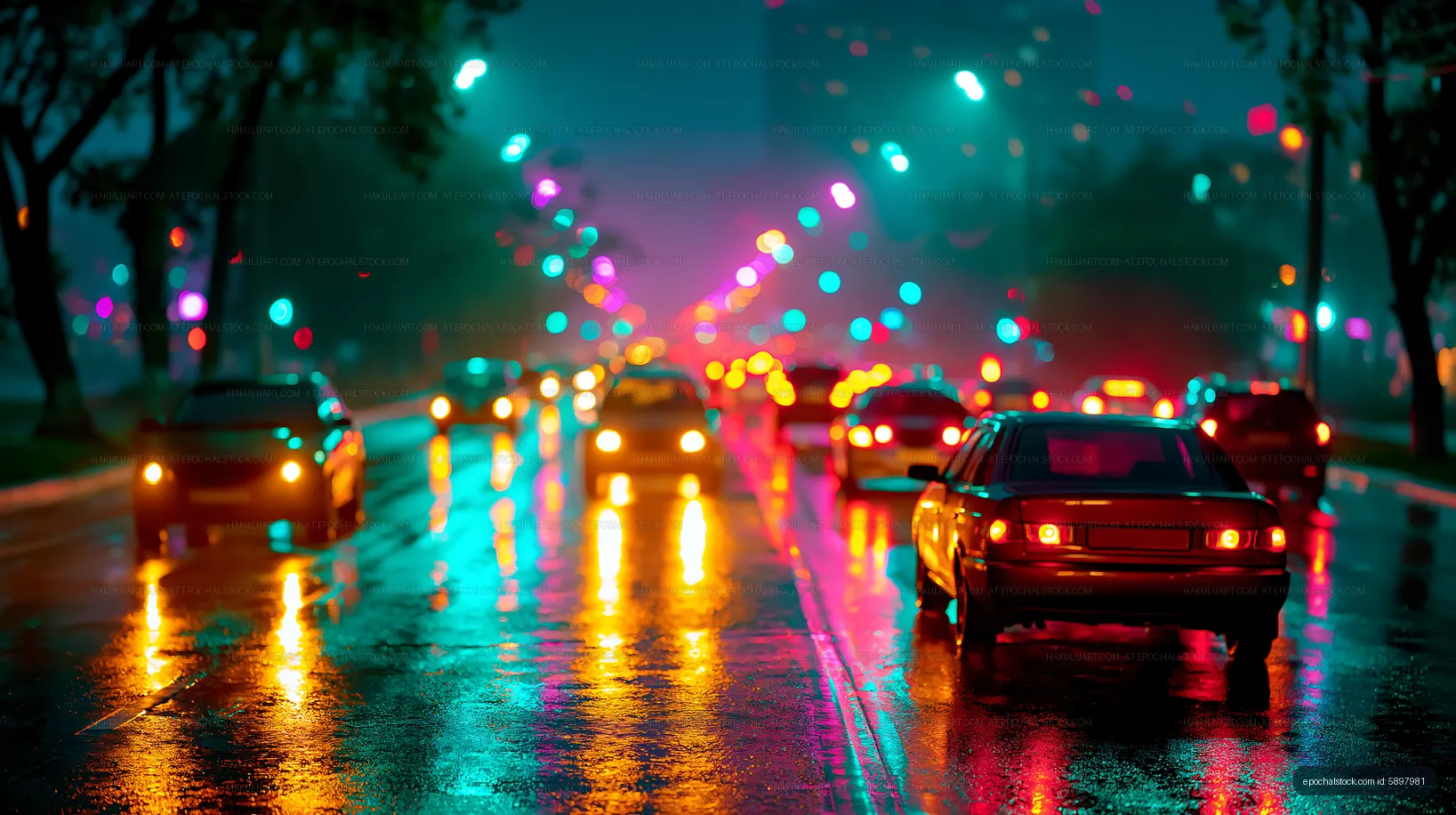 Nighttime street scene with cars in rain and colorful lights