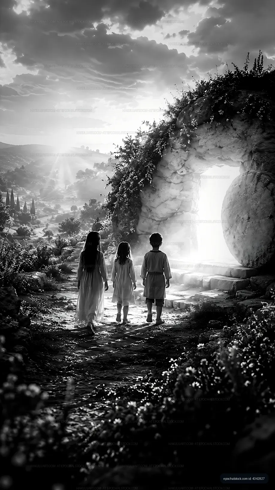 Children walking towards a stone arch in a scenic landscape