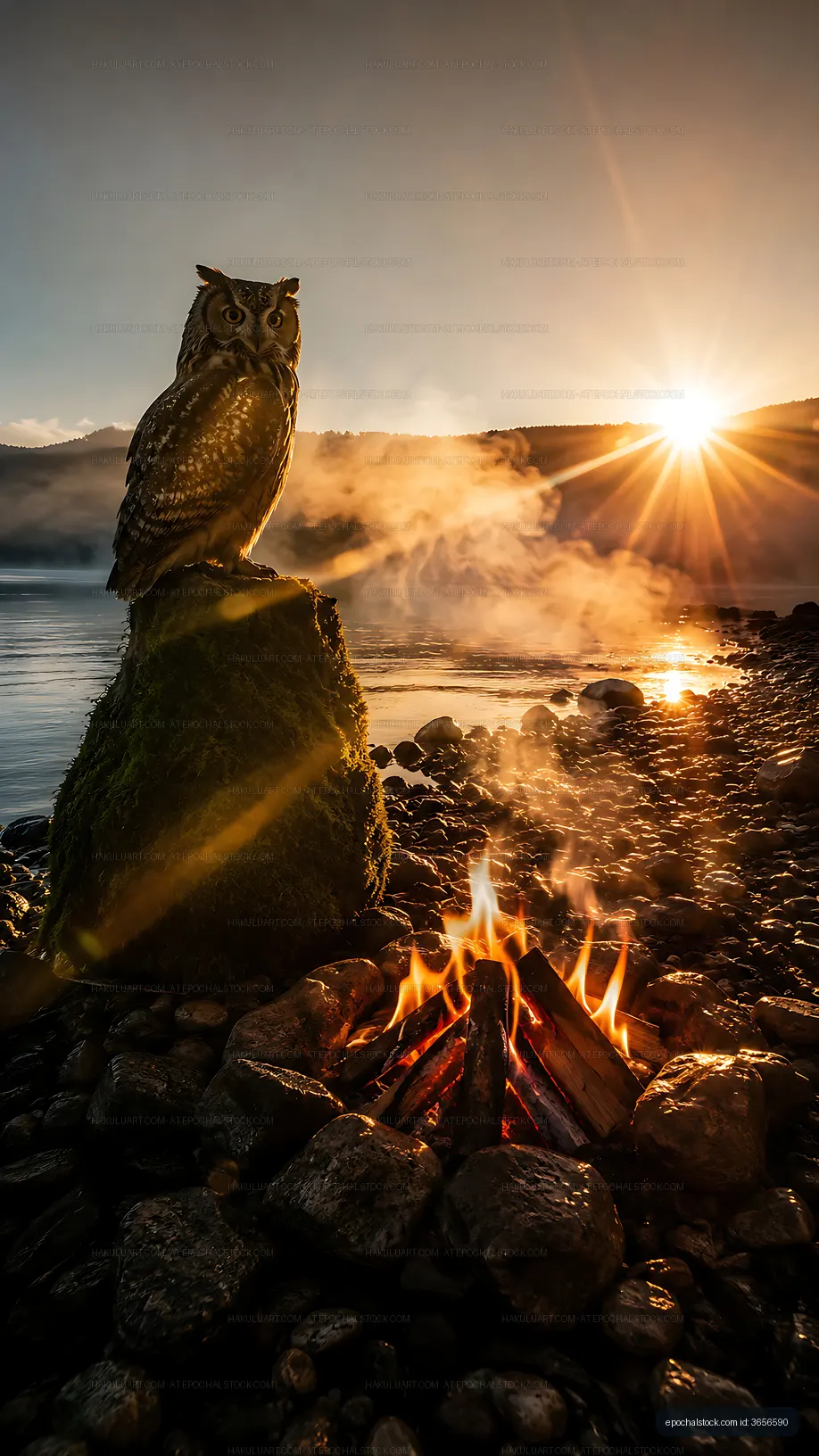 Owl perched on rock near campfire at sunset by the lake