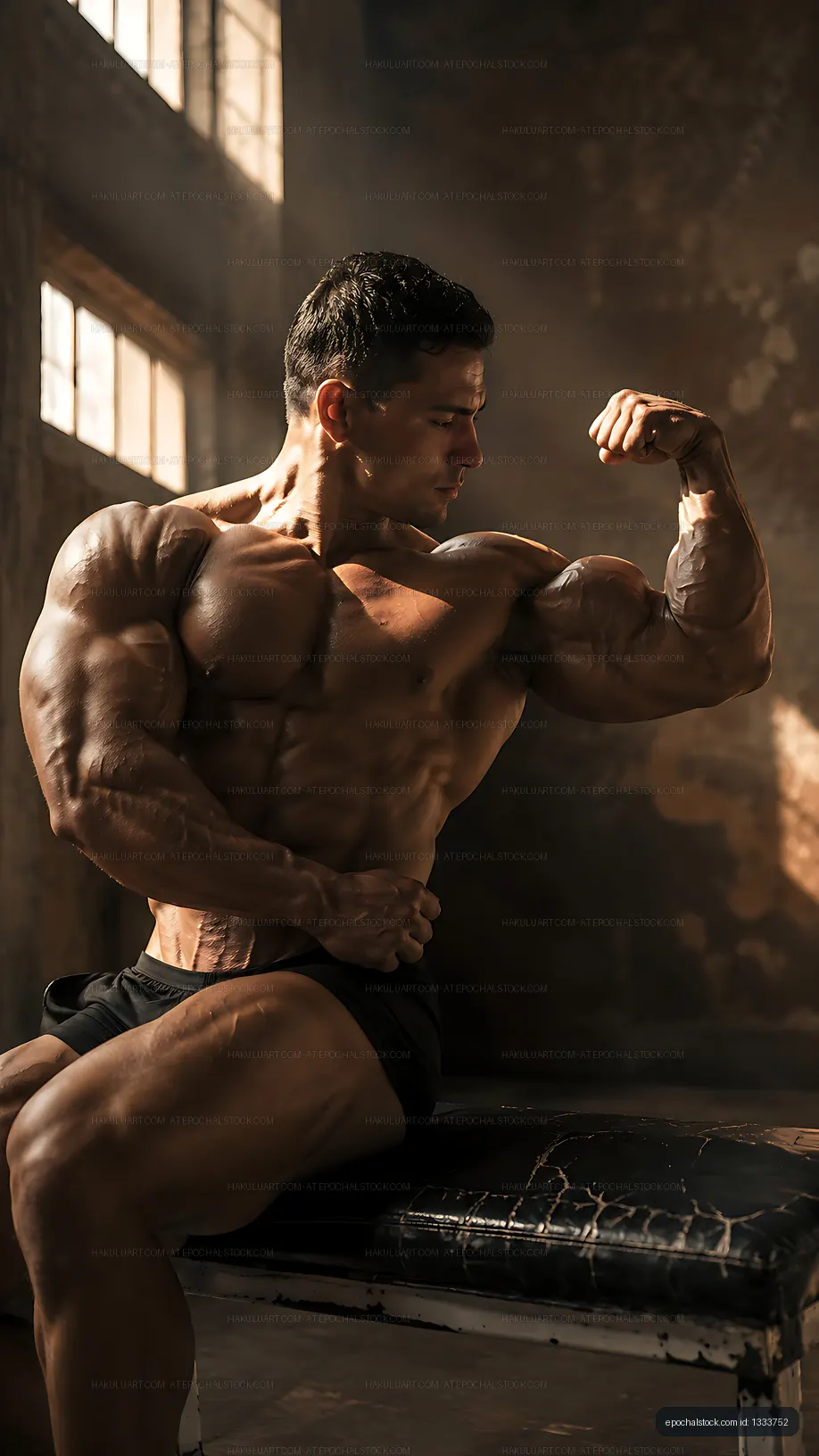 Bodybuilder flexing muscles in fitness studio with natural light