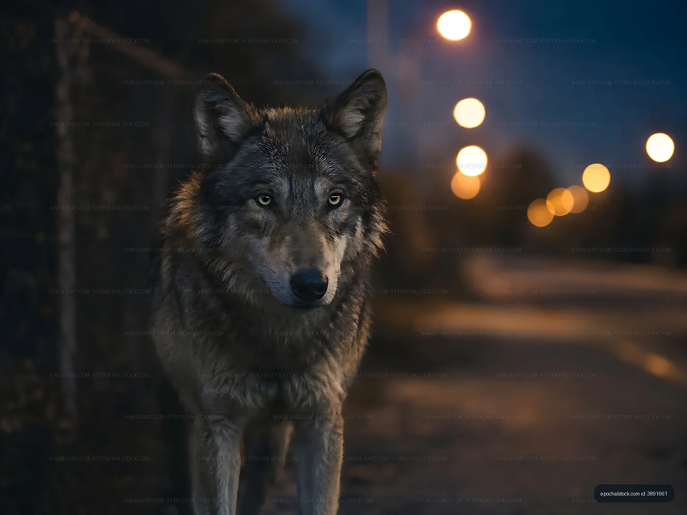 Wolf standing on a dark street at night with city lights