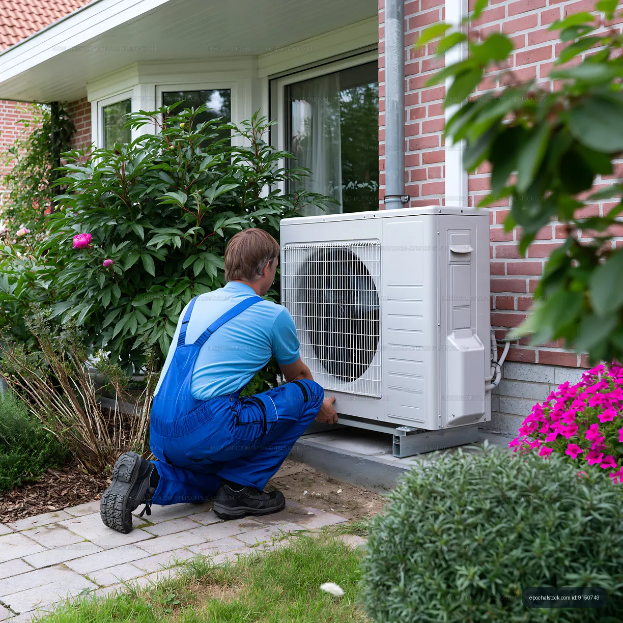 Technician servicing outdoor air conditioning unit at residence